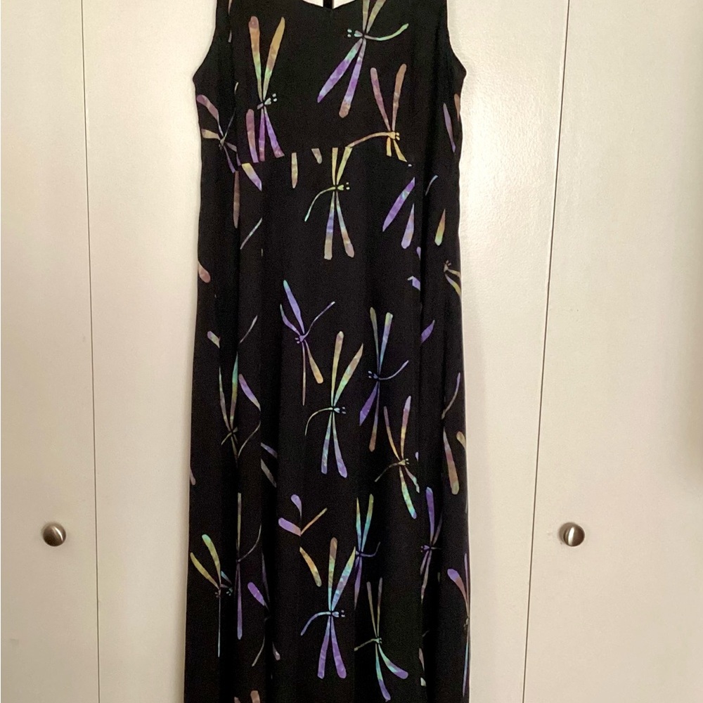 Black batik Midi Sundress with Purple Dragonfly Print